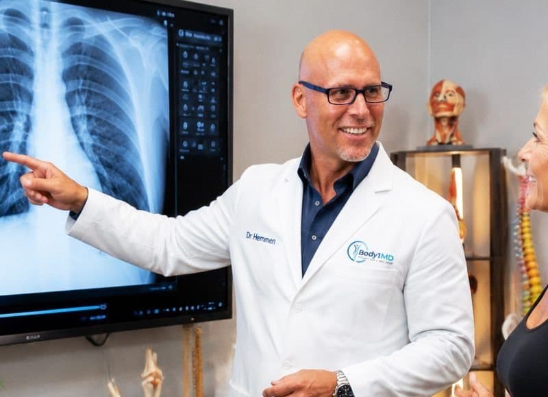 Dr. Andrew Hemmen reviewing imaging on a large-format display in a Body1MD exam room