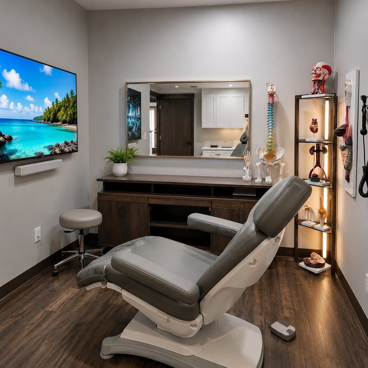 A private Body1MD exam room with a large display screen