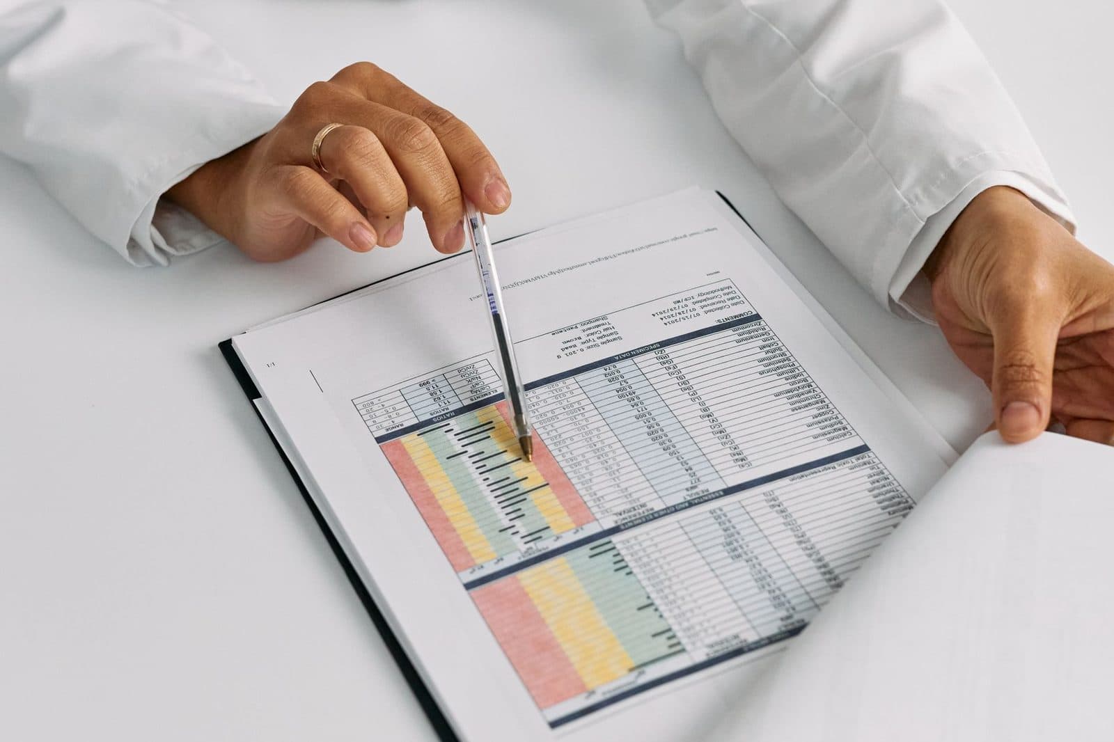 Physician pointing to highlighted values on a printed lab results report